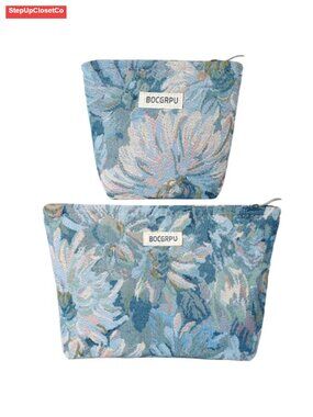 2-Piece Floral Jacquard Cosmetic Bag Set with Zipper, Travel Makeup Pouch